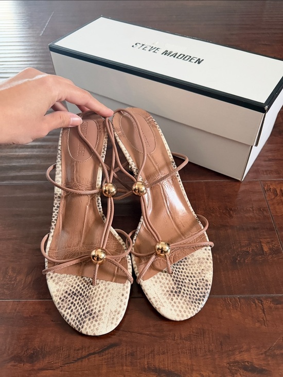 Steve Madden Shoes - Steve Madden Ramos Tan Brown Snake-Print Strappy Heels with Gold Accents